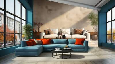 Modern interior design of living room with white sofa, coffee table, soft stucco wall. Created with generative AI. Wall mural